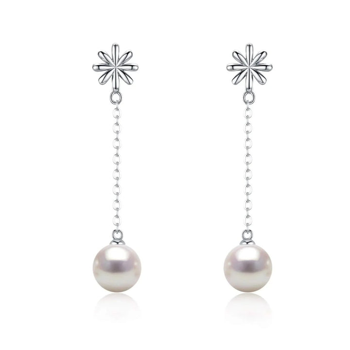 Sleek Minimalistic Flower White Pearl Dangle Earrings - CHAULRI
